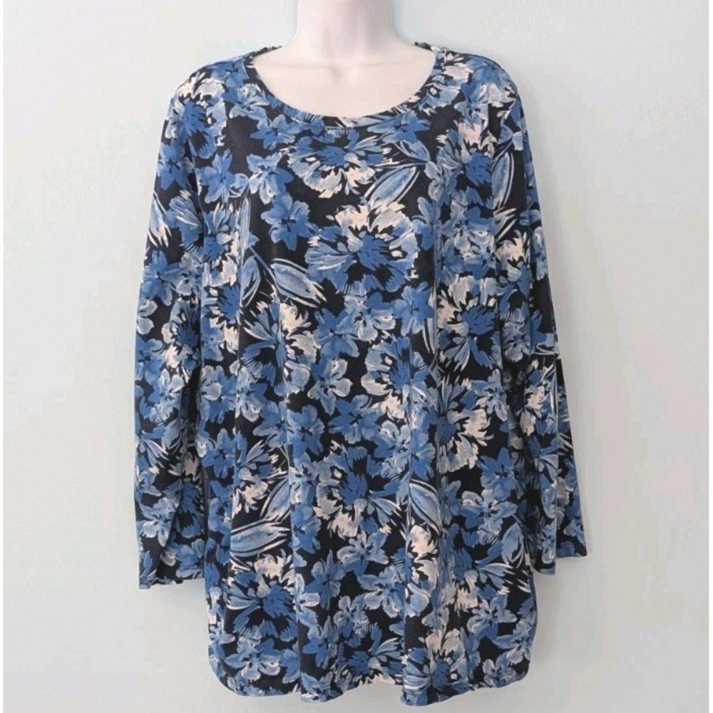 Roaman's Top Cotton Pullover Women's 2X 26 / 28 Blue Floral 3/4 Sleeve Comfort